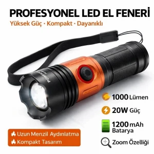 20W Yüksek Zoom Özellikli 1000 Lümen Şarjlı Profesyonel Zoomlu El Feneri