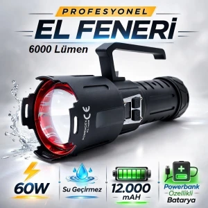 6000 Lümen 60w Profesyonel El Feneri 12.000 Mah Powerbank Özellikli Zoomlu Metal Gövde
