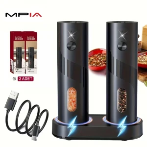 MPIA Premium Temassız Şarjlı Tuz Karabiber Baharat Değirmeni 2 Li Set 110 ml LED Işıklı Paslanmaz Çelik Bıçak Öğütücü