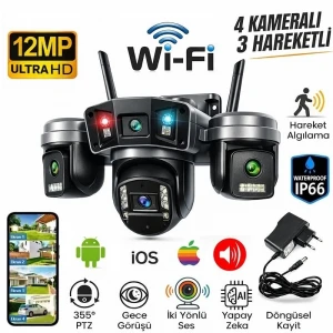 O-Kam Pro 4 Kameralı 4 Görüntülü Ultra HD 360 Dönebilen Kablosuz Wifi Kamera Gece Görüşlü Su Geçirmez Sesli Görüşme Hareket Takip Ok-203PlusW