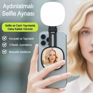 Manyetik LED Telefon Işığı Şarjlı Aynalı Selfie ve Video Çekim Dolgu Işığı 5 Renk Modlu Influencer Işığı