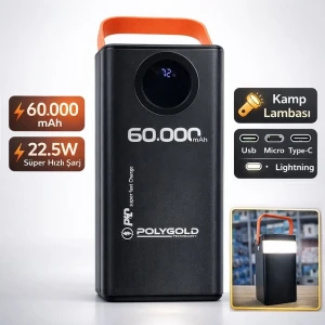 60.000 Mah Powerbank 4 Usb Micro Type-c Lıghtnıng Girişli El Fenerli Taşınabilir Şarj Aleti