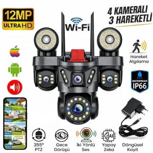 O-Kam Pro 4 Kameralı 4 Görüntülü Ultra HD 360 Dönebilen Kablosuz Wifi Kamera Gece Görüşlü Su Geçirmez Sesli Görüşme Hareket Takip OK-231 Premium