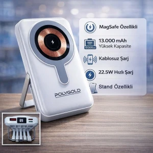 13.000 mAh Premium Temassız 22.5W PD Süper Hızlı Şarjlı Telefon Tutucu Özellikli Powerbank