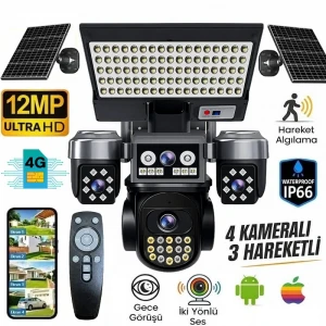 O-Kam Premium 4G 12MP SIM Kartlı 4 Kameralı 4 Görüntülü 3 Adet Solar Panel Kumandalı Projektörlü Renkli Gece Görüşlü Güvenlik Kamerası
