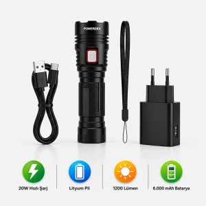 20W 1200 Lümen Profesyonel El Feneri 6000 Mah Metal Gövde Kompakt Tasarım