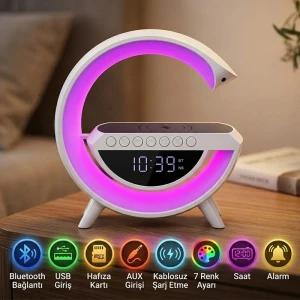G Harfi Kablosuz Şarj Özellikli Dijital Saatli ve Alarmlı Rgb Ledli Temassız Şarjlı Bluetooth Hoparlör BT-3401