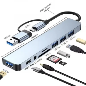 8 In 1 Usb Çoklayıcı Type-C USB 2.0-3.0 Audio 3.5 Tf Sd Çevirici Adaptör Çok Portlu Çoklayıcı USB Hub