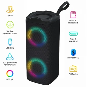 Extra Bass Rgb Led Işıklı Fm Radyolu Kablosuz Bluetooth Hoparlör Dik Duruş Özellikli