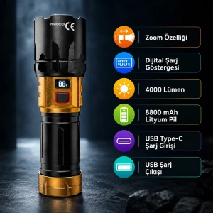 4000 Lümen 40W Ultra Güçlü Profesyonel Zoomlu Şarjlı El Feneri