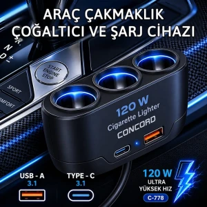 3 Lü Çakmaklık Çoğaltıcı Soket 120W Usb 2 Type-C Araç Şarj Cihazı Çakmaklık Çoklayıcı Çoğaltıcı