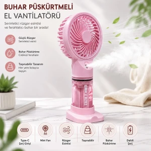 Su Püskürtmeli Su Hazneli Mini El Fanı Şarjlı Soğutucu Vantilatör Pembe