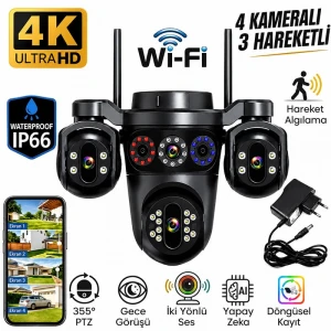 Esvision 4 Kameralı 4 Görüntülü 4K Ultra HD 360 Dönebilen Kablosuz Wifi Kamera Renkli Gece Görüşlü Su Geçirmez Sesli Görüşme Hareket Takip ES-703
