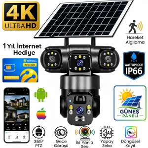 O-Kam Pro 4G SIM Kartlı 1 Yıl İnternet Hediyeli 9MP 3 Kameralı Güneş Enerjili Gece Görüşlü Güvenlik Kamerası