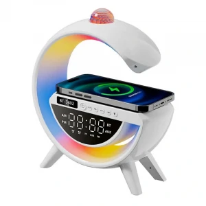 G Harfi Kablosuz Şarj Özellikli Dijital Saatli ve Alarmlı Rgb Ledli Temassız Şarjlı Bluetooth Hoparlör