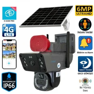 O-Kam 3815 4G Sim Kart Özellikli 360 Dönebilen Ultra HD Çift Lens Güneş Panelli Solar Güneş Enerjili Sirenli Güvenlik Kamerası