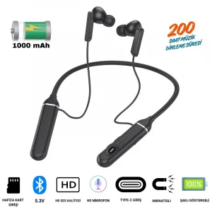 PG200A Boyun Askılı Bluetooth Sporcu Kulaklığı 200 Saat Şarj Süresi