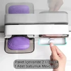 2 Li Yapışkanlı Modern Sabunluk Şeffaf Kapaklı Kendinden Boşaltmalı Su Tutmaz Katı Sabunluk