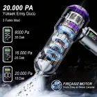 20.000 PA 3 Kademeli Çantalı 16 Parça Profesyonel Ultra Çekim Güçlü Dijital Ekranlı Şarjlı Araç Süpürgesi