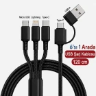 6 in 1 Hızlı Şarj Kablosu 120 Cm Örgülü Usb A ve Type C Giriş Micro Usb Lightning ve Type C Çıkışlı Çoklu Şarj Kablosu