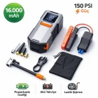 Akım Korumalı 16.000 Mah Hava Kompresörlü Akü Takviye Cihazı Hızlı Şişirme El Feneri Taşınabilir Powerbank