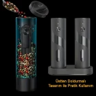 MPIA Premium Temassız Şarjlı Tuz Karabiber Baharat Değirmeni 2 Li Set 110 ml LED Işıklı Paslanmaz Çelik Bıçak Öğütücü