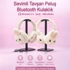 Sevimli Tavşan Peluş Kafa Üstü Bluetooth Kulaklık Wireless 5.3 Mikrofonlu Şarjlı Krem