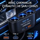 3 Lü Çakmaklık Çoğaltıcı Soket 120W Usb 2 Type-C Araç Şarj Cihazı Çakmaklık Çoklayıcı Çoğaltıcı