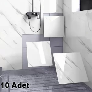 10 Adet Beyaz Mermer Desenli Alüminyum Duvar Köpük Sticker 30 x 30 Cm