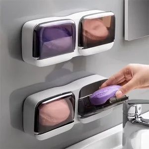 2 Li Yapışkanlı Modern Sabunluk Şeffaf Kapaklı Kendinden Boşaltmalı Su Tutmaz Katı Sabunluk