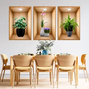 3 Adet 3D Çiçek Vazo Duvar Sticker Kahverengi Fon