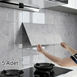 5 Adet Gri Mermer Desenli Alüminyum Duvar Köpük Sticker 60 x 30 Cm