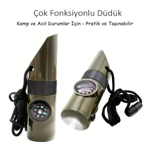 7in1 Acil Durum Kampçı Düdüğü El Feneri Termometre Pusula Büyüteç