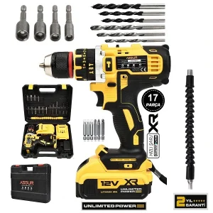 Assur 12V Çift Akülü Vidalama Darbeli Şarjlı Matkap Çelik Mandren