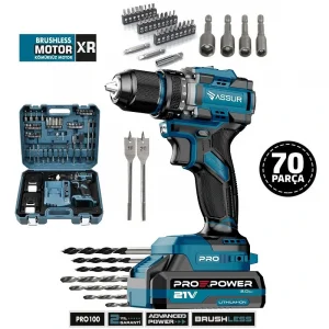 Assur Pro100 21V Çift Akülü Vidalama Çelik Mandren Kömürsüz Motor Darbeli Şarjlı Matkap