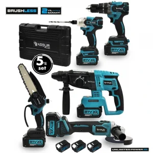Assur Profesyonel 21v Akülü 5 Li Set Kırıcı Delici Hilti Taşlama Somun Sıkma Akülü Vidalama Budama ve Matkap