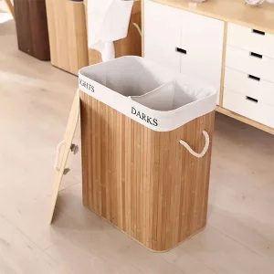 Bambu Natürel Çift Hazneli Çamaşır Sepeti 2 Li Kirli Sepeti