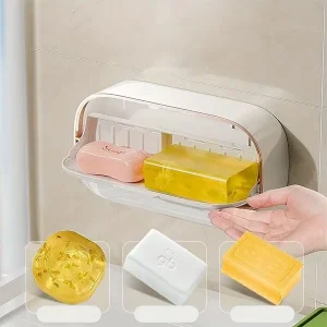 Çift Hazneli Yapışkanlı Modern Sabunluk Kapaklı Kendinden Boşaltmalı Su Tutmaz Katı Sabunluk