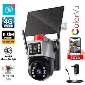 O-Kam 7015 4G Sim Kart Özellikli 360 Dönebilen Ultra HD Çift Lens Güneş Panelli Solar Güneş Enerjili Sirenli Güvenlik Kamerası