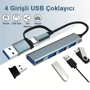 Type C USB Çoklayıcı 3.0 Usb Çoğaltıcı 4 Port Hem Type C Hem Usb Girişli