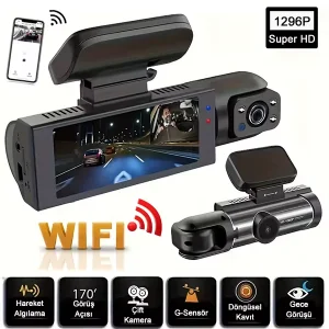 V9 1296P Super HD Çift Kameralı Wifi GPS Özellikli Araç Kamerası G Sensör Gece Görüşlü Geniş Açılı