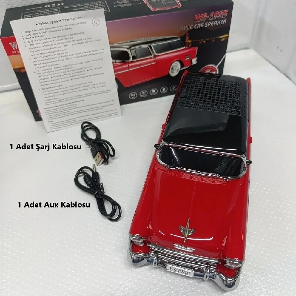 1955 Model Klasik Araba Bluetooth Hoparlör Speaker 10 Watt Fm Radyo Sd Kart USB Kırmızı