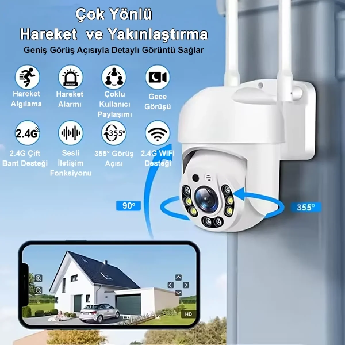 360 Dönebilen Kablosuz Wifi Ip Kamera 1080P Full HD Renkli Gece Görüşlü Su Geçirmez Sesli Görüşme Hareket Takip