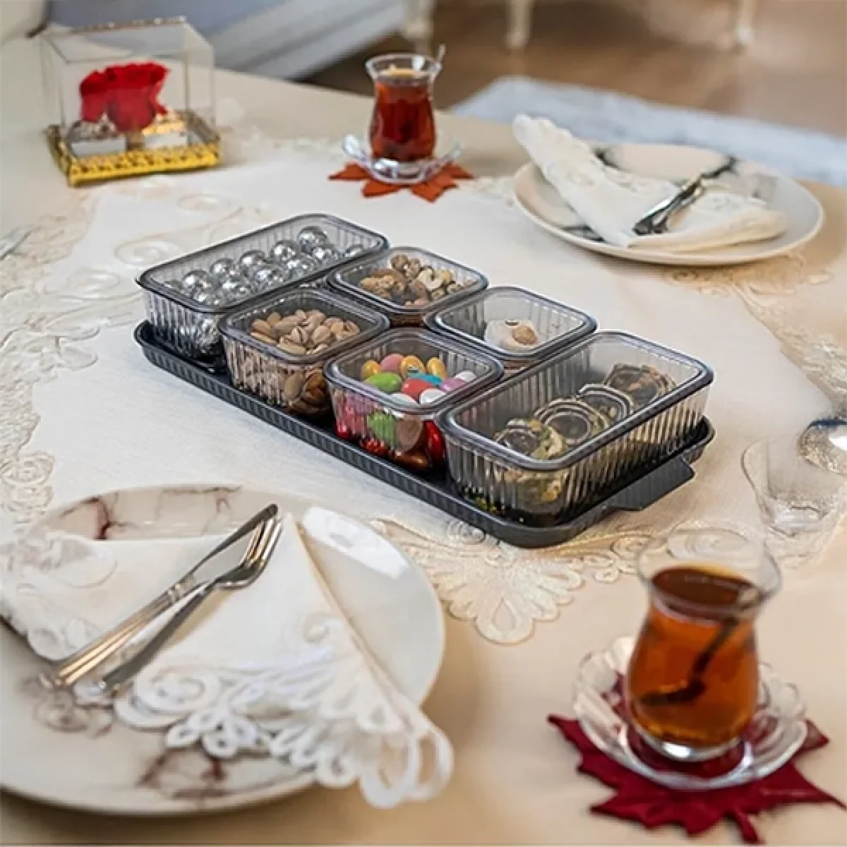6 Dikdörtgen Bölmeli Kapaklı Kahvaltılık Seti Akrilik
