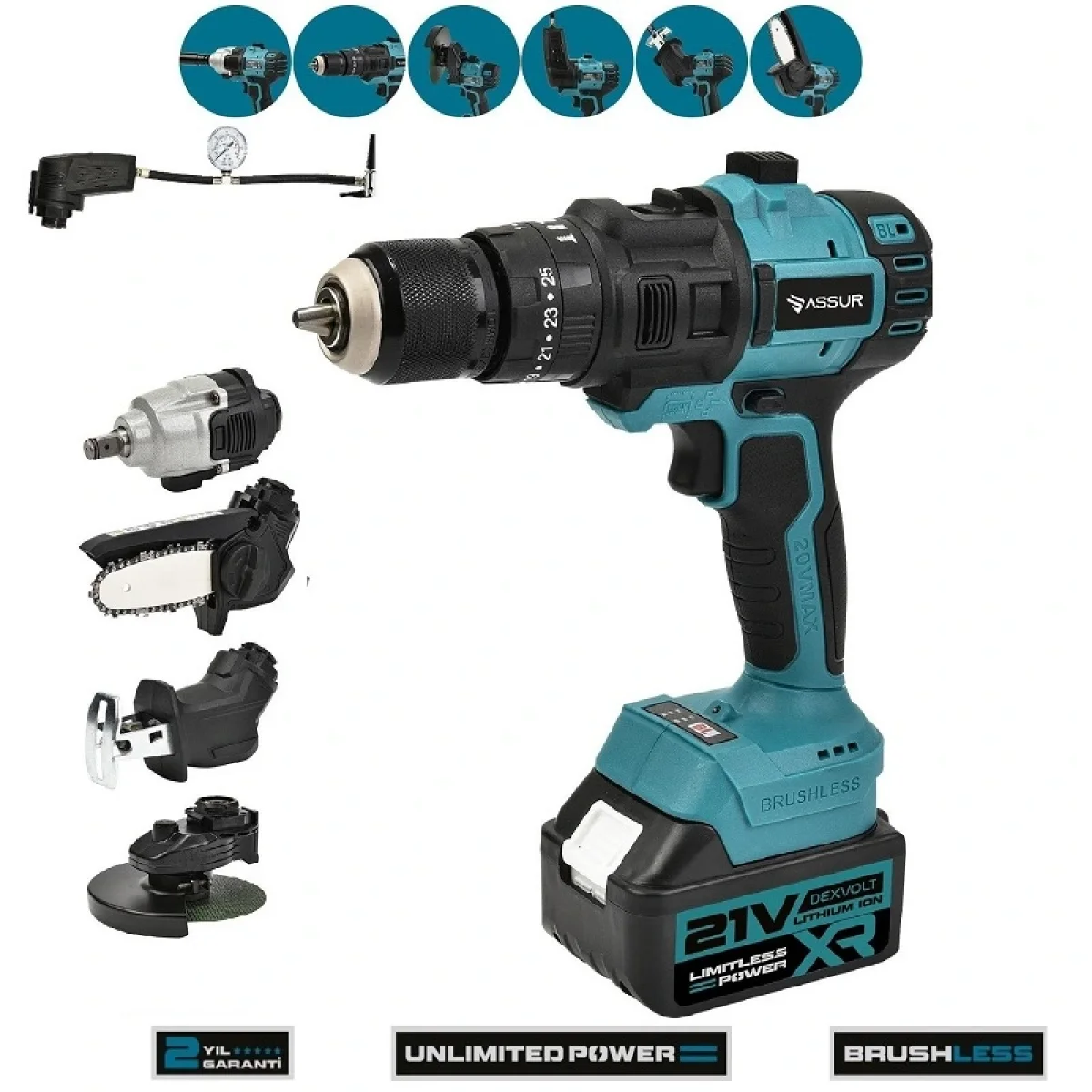 Assur 21v 6 Başlıklı Set Taşlama Somun Sıkma Tilki Kuyruğu Dal Budama Vidalama Lastik Şişirme Pompası