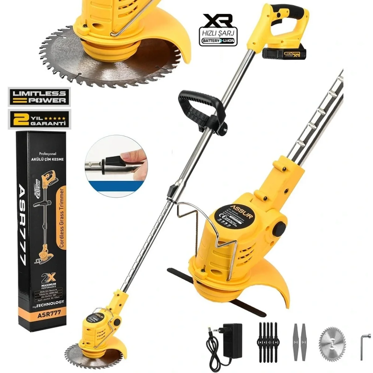 Assur 21v Çift Akülü Uzatma Kollu Çalı Ot Çim Biçme Makinesi Şarjlı Tırpan Şarjlı Çim Kesme Makinesi