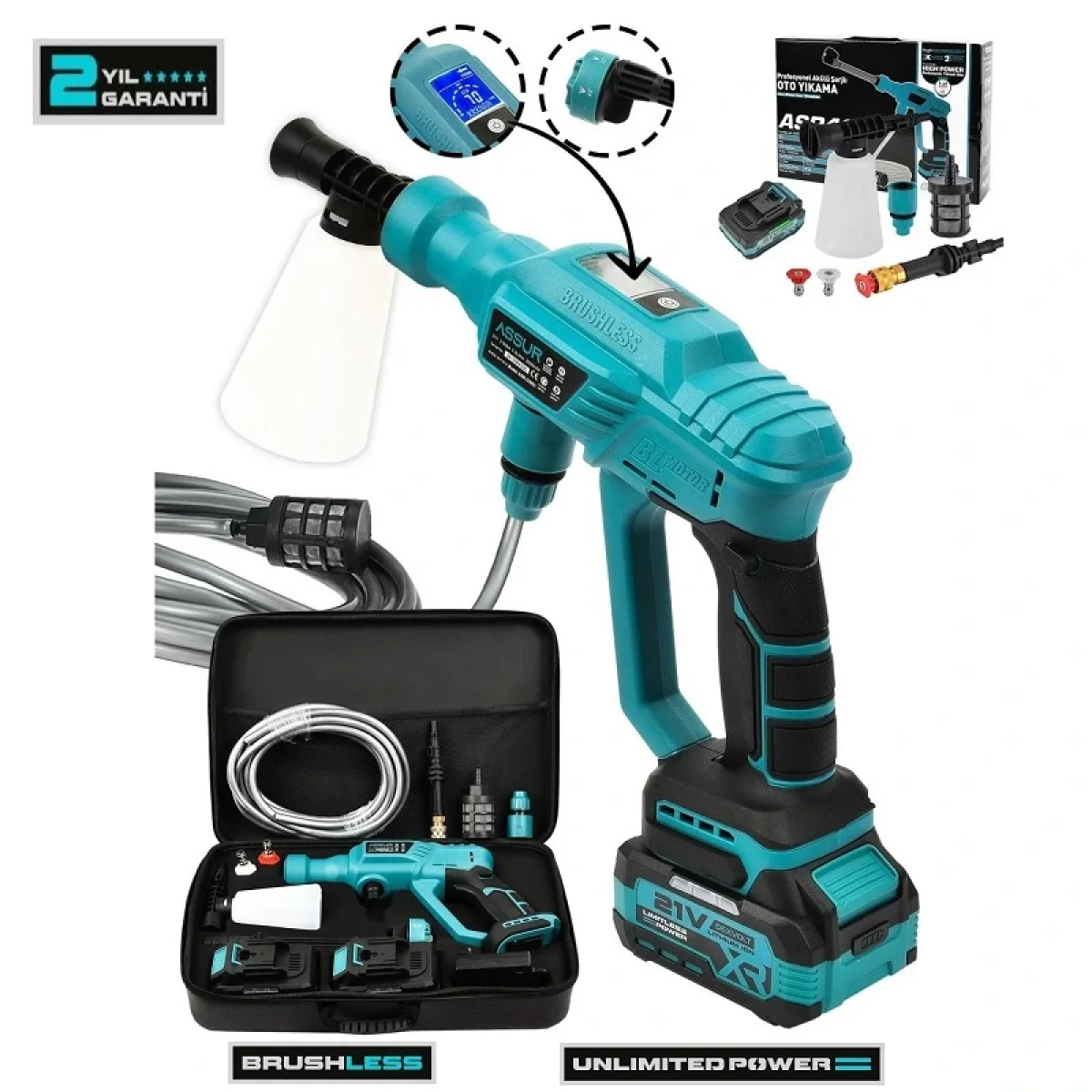 Assur 21v Kömürsüz Motor Yüksek Basınçlı Çift Akülü Oto Araba Yıkama Makinesi Şarjlı