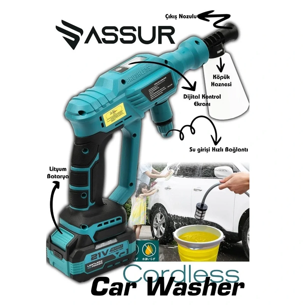 Assur 21v Kömürsüz Motor Yüksek Basınçlı Çift Akülü Oto Araba Yıkama Makinesi Şarjlı