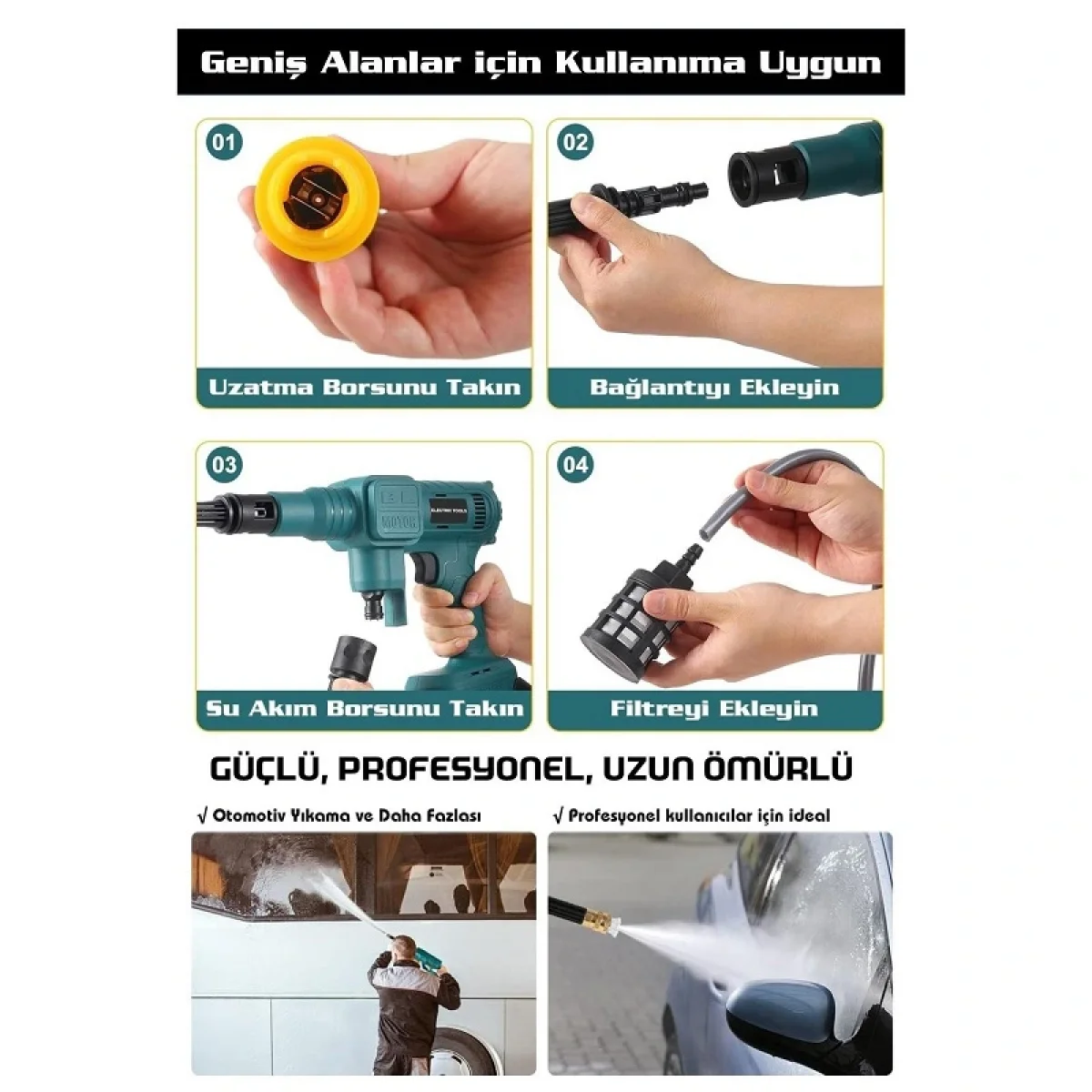 Assur 21v Kömürsüz Motor Yüksek Basınçlı Çift Akülü Oto Araba Yıkama Makinesi Şarjlı