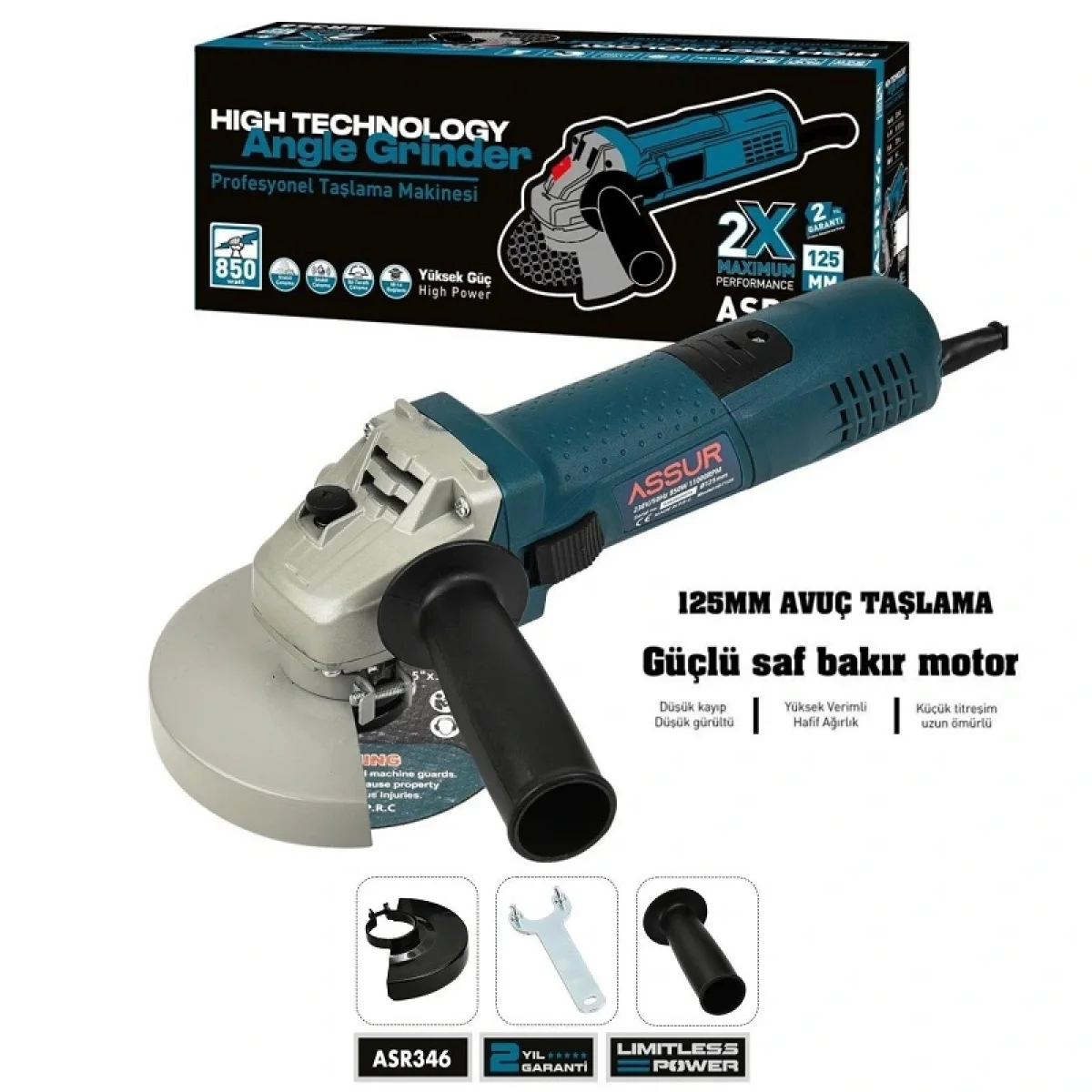 Assur 850w Avuç Taşlama Makinesi 125 mm Bakır Sargılı Spiral